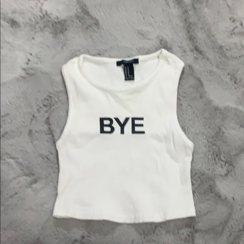 White cropped “bye” tank top